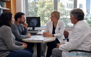 Família conversando com equipe especializada antes de decisão neurocirúrgica importante
